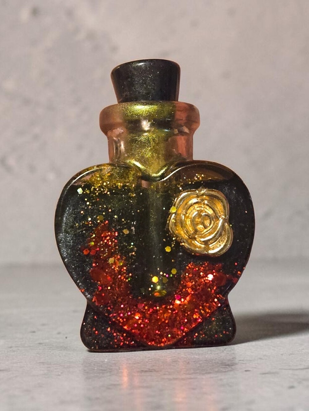 Hand Crafted Heart Resin Bottle with Gold Rose & Red Glitter